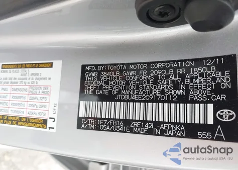 2012 Toyota Corolla Le from USA, damaged, VIN JTDBU4EE2C9170112